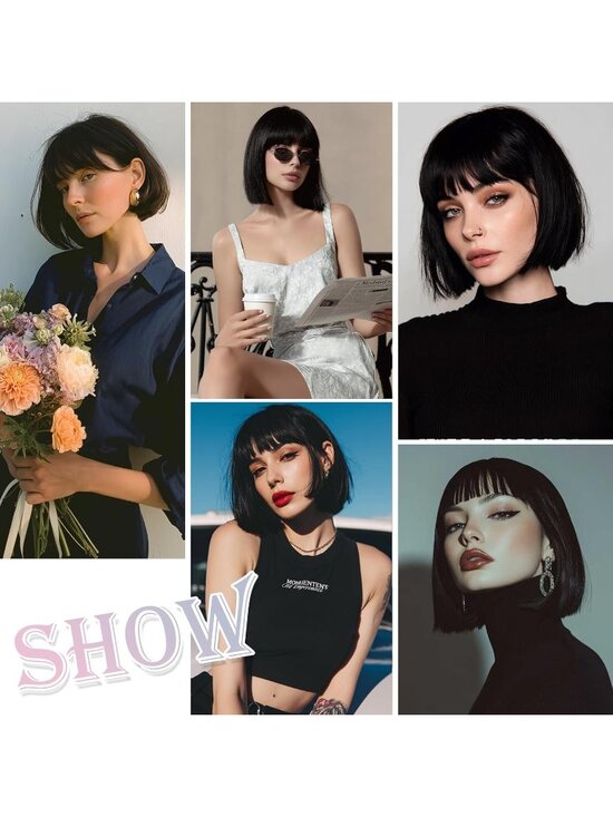 Women Black Blonde Heat Resistant Synthetic Straight Ombre Bob Wig Bangs 10 Inch main image 4